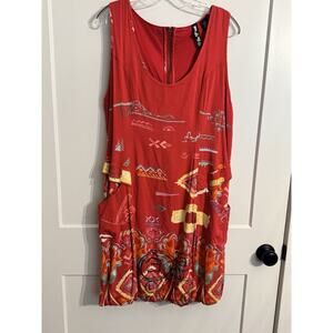 Desigual red tank dress with colorful design on bottom Sz 46 Artsy Gorpcore Fun